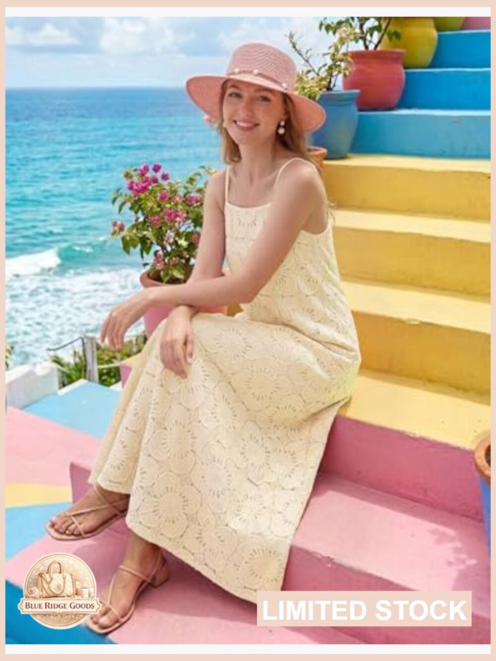 Womens Spaghetti Strap Sundress Sleeveless Boho Lace Maxi Dress Smocked Back - Picture 5 of 7